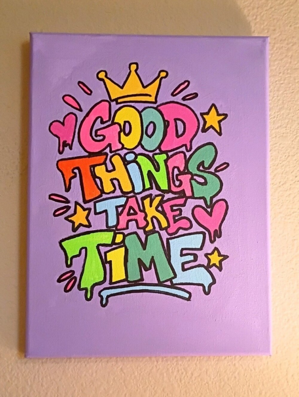 Motivational Lavender Graffiti Wall Art Canvas - 'Good Things Take Time'